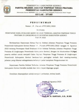 Hasil Lelang Jabatan Pemkab Kerinci Diumumkan 
