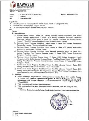 Kampanye Berakhir Hari ini, Bawaslu Kerinci Surati Peserta Pemilu Turunkan APK secara Mandiri