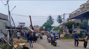 Hujan Lebat dan Angin Kencang, Pohon Tumbang Timpa Kios dan Ganggu Lalu Lintas di Jambi