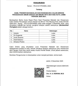Lima Calon Direksi PDAM Tirta Mayang Lolos, Masuk Tahap Akhir Seleksi